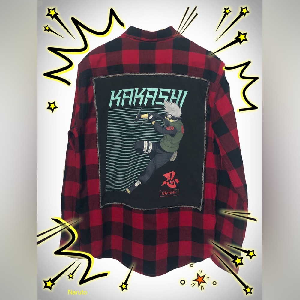 Upcycled Buffalo Plaid Red and Black flannel with Kakashi on the back!  Size M
